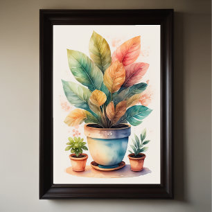 Waterverf Schilderen van Huis Plant in Pot Poster