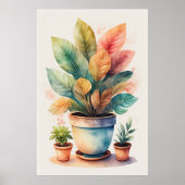 Waterverf Schilderen van Huis Plant in Pot Poster (Voorkant)