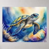 Waterverf Schilderen van Kleurrijk Zee Schildpad I Poster (Voorkant)