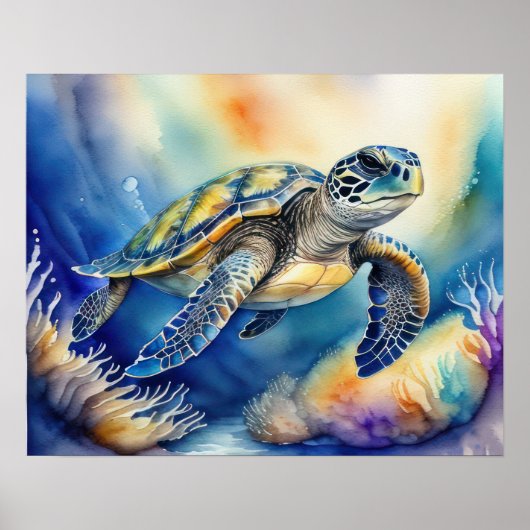 Waterverf Schilderen van Kleurrijk Zee Schildpad I Poster (Voorkant)