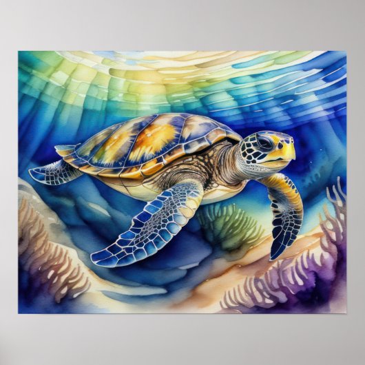 Waterverf Schilderen van Kleurrijk Zee Schildpad V Poster (Voorkant)