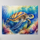 Waterverf Schilderen van Kleurrijk Zee Schildpad X Poster (Voorkant)