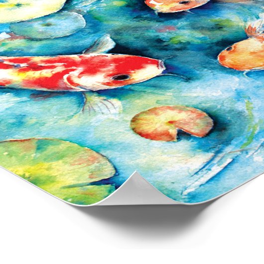 Waterverf schilderen van Koi in Lily Pond Poster (Hoek)