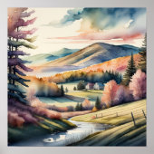 Waterverf Schilderen van Landelijk Landschap Poster (Voorkant)