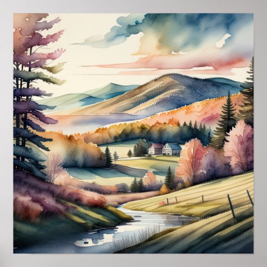 Waterverf Schilderen van Landelijk Landschap Poster (Voorkant)