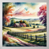 Waterverf Schilderen van Landelijk Landschap Poster (Voorkant)