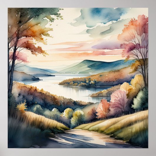 Waterverf Schilderen van Landelijk Landschap Poster (Voorkant)