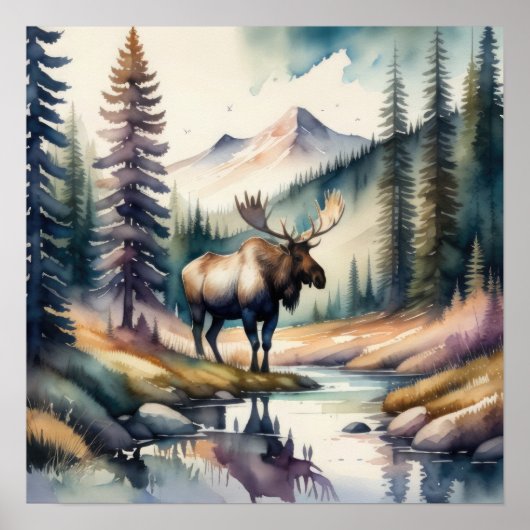 Waterverf Schilderen van Moose in Bos 1:1 Poster (Voorkant)