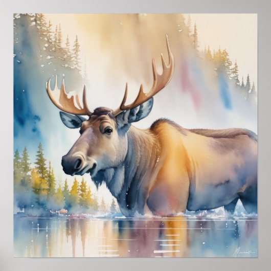 Waterverf Schilderen van Moose Natuur Poster (Voorkant)