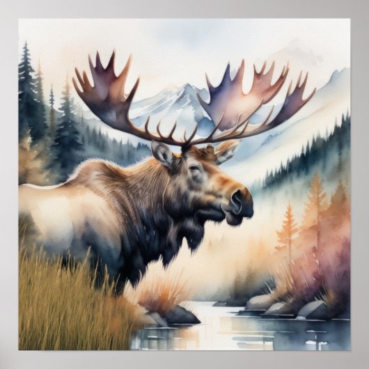 Waterverf Schilderen van Moose Natuur Poster (Voorkant)