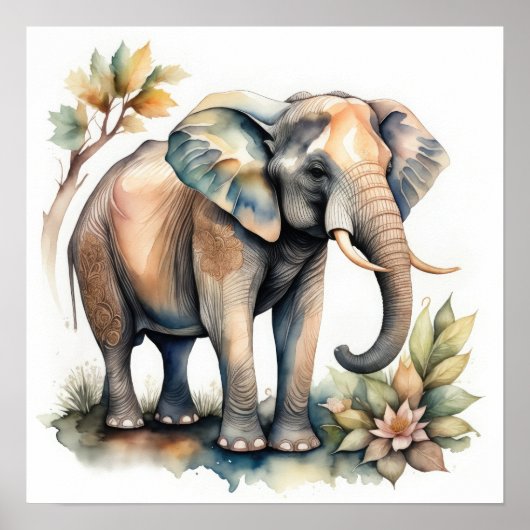 Waterverf Schilderen van Olifant 1:1 Poster (Voorkant)