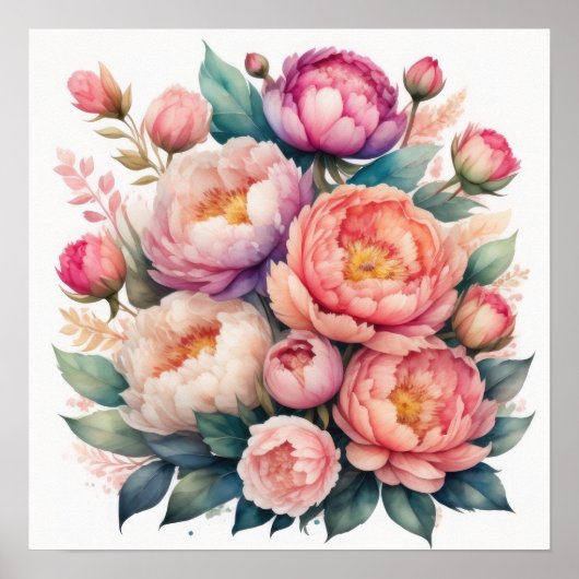 Waterverf Schilderen van Pioenen VII Poster (Voorkant)