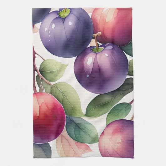 Waterverf Schilderen van Pruimen Theedoek (Verticaal)