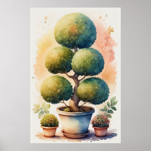 Waterverf Schilderen van Topiary Tree in Pot II Poster (Voorkant)