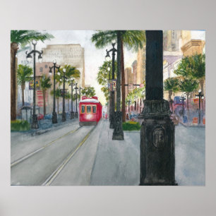 Waterverf schilderen van Trolley in New Orleans Poster