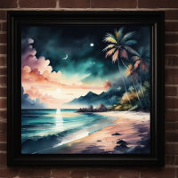 Waterverf Schilderen van Tropisch Strand bij Nacht