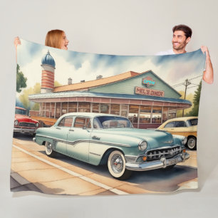 Waterverf Schilderen van Vintage Auto's en Diner Fleece Deken