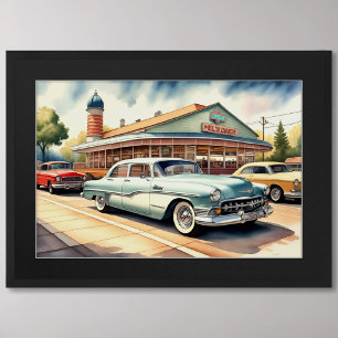 Waterverf Schilderen van Vintage Auto's en Diner Poster