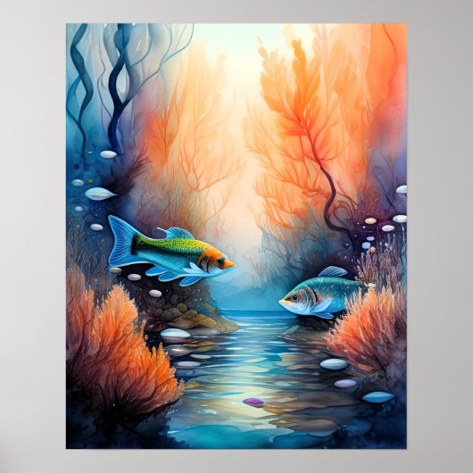 Waterverf Schilderen van Vis Planten Poster (Voorkant)