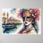 Waterverf Schilderen Vrouw Venetiaans Masker II Poster (Voorkant)