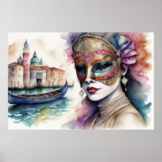 Waterverf Schilderen Vrouw Venetiaans Masker III Poster (Voorkant)