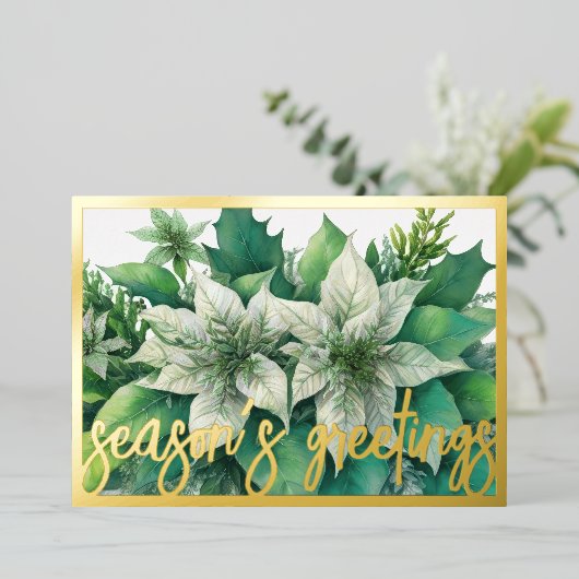 Waterverf Schilderen Wit Poinsettia Kerst Folie Feestdagenkaart (Staand Voorkant)