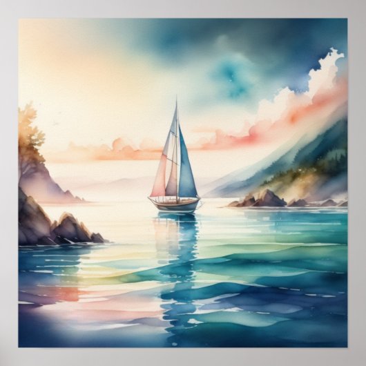 Waterverf Schilderen Zeilboot op het Water 1:1 Poster (Voorkant)