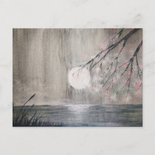 waterverf schilderij azian moon en cherry blossom  briefkaart