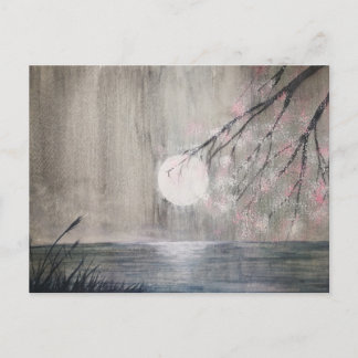 waterverf schilderij azian moon en cherry blossom  briefkaart