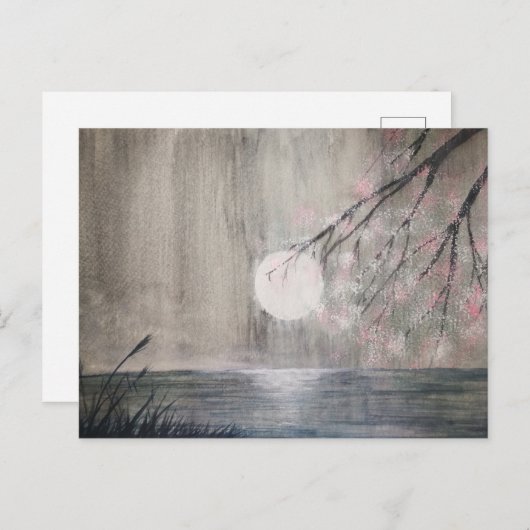 waterverf schilderij azian moon en cherry blossom  briefkaart (Voorkant / Achterkant)