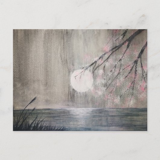 waterverf schilderij azian moon en cherry blossom briefkaart (Voorkant)