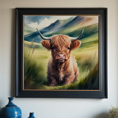 Waterverf schilderij Baby Highland Koe Sitting 1:1 Poster