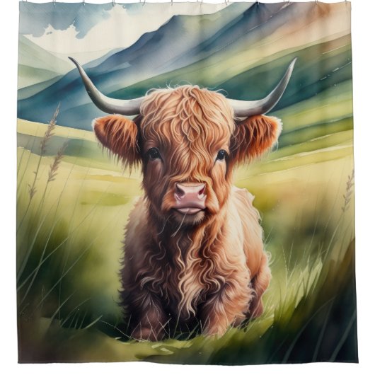 Waterverf schilderij Baby Highland Koe Sitting Douchegordijn (Voorkant)