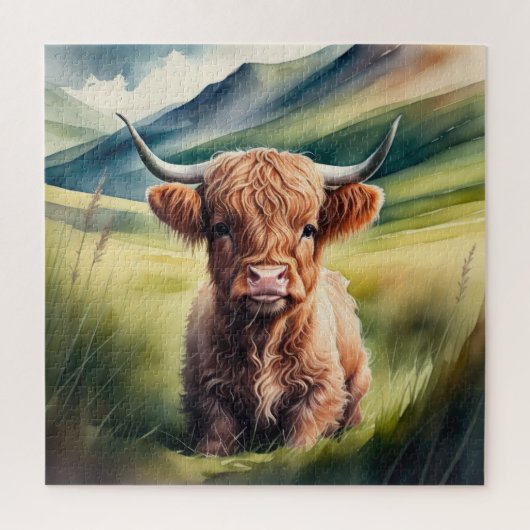 Waterverf schilderij Baby Highland Koe Sitting Legpuzzel (Verticaal)