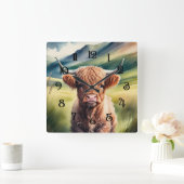 Waterverf schilderij Baby Highland Koe Sitting Vierkante Klok (Huis)