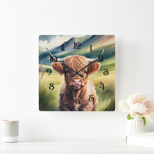 Waterverf schilderij Baby Highland Koe Sitting Vierkante Klok (Huis)
