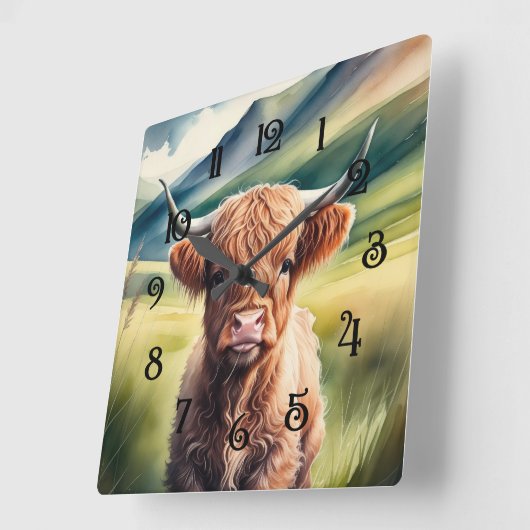 Waterverf schilderij Baby Highland Koe Sitting Vierkante Klok (Hoek)