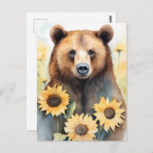 Waterverf schilderij bruin Beer en zonnebloemen Briefkaart (Voorkant / Achterkant)