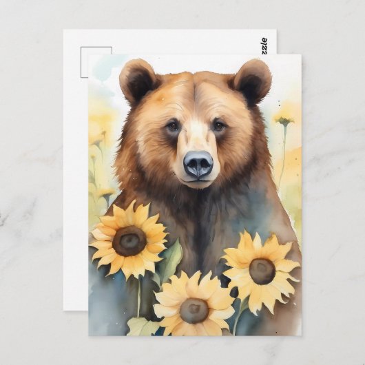 Waterverf schilderij bruin Beer en zonnebloemen Briefkaart (Voorkant / Achterkant)