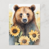 Waterverf schilderij bruin Beer en zonnebloemen Briefkaart (Voorkant)
