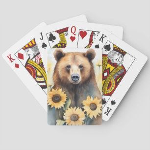 Waterverf schilderij bruin Beer en zonnebloemen Pokerkaarten