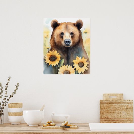 Waterverf schilderij bruin Beer en zonnebloemen Poster (Keuken)