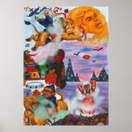 Waterverf Schilderij Fantasy Eros rijden Leeuwin Poster