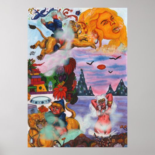 Waterverf Schilderij Fantasy Eros rijden Leeuwin Poster (Voorkant)
