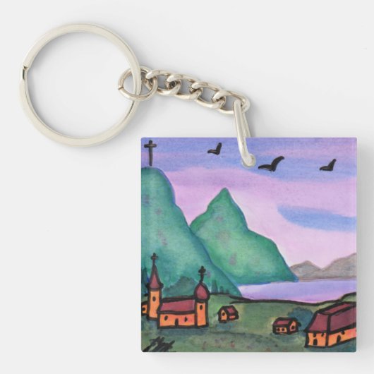 Waterverf Schilderij Fantasy Fort Castle Life Sleutelhanger (Voorkant)