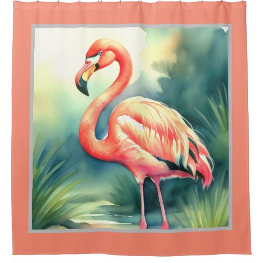 Waterverf schilderij Flamingo Douchegordijn (Voorkant)