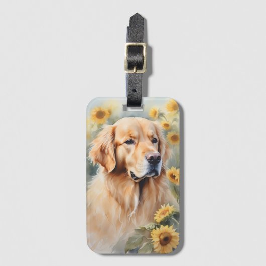 Waterverf schilderij Golden Retriever en zonnebloe Bagagelabel (Voorkant (verticaal))