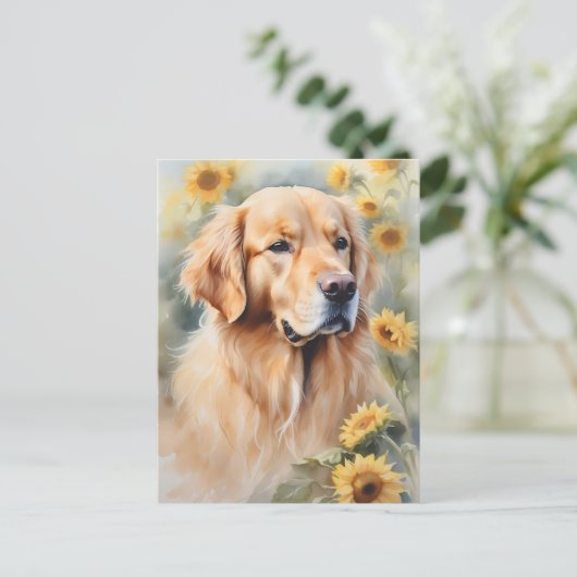Waterverf schilderij Golden Retriever en zonnebloe Briefkaart (Staand voorkant)