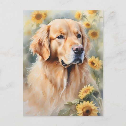 Waterverf schilderij Golden Retriever en zonnebloe Briefkaart (Voorkant)