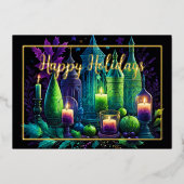 Waterverf Schilderij Kaars Kerstmis Paarse Groen Folie Feestdagenkaart (Voorkant)
